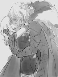Rule 34 | 1boy, 1girl, armor, black armor, blush, breasts, byleth (female) (fire emblem), byleth (fire emblem), closed eyes, closed mouth, couple, dimitri alexandre blaiddyd, ear blush, fire emblem, fire emblem: three houses, fire emblem heroes, grabbing another&#039;s hair, greyscale, hetero, hug, hug from behind, kukumomo, monochrome, nintendo, nose blush, pantyhose, short hair, smile, thick eyebrows, thighband pantyhose
