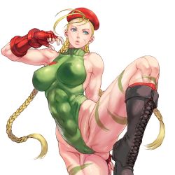 Rule 34 | 1girl, abs, ahoge, antenna hair, aqua eyes, ass, beret, blonde hair, bodypaint, boots, braid, breasts, cameltoe, cammy white, camouflage, covered erect nipples, covered navel, cross-laced footwear, curvy, fingerless gloves, garrison cap, gauntlets, gloves, green leotard, hat, highleg, highleg leotard, large breasts, leotard, long hair, muscular, muscular female, red hat, red socks, scar, shiny skin, shu-mai, simple background, socks, solo, standing, standing on one leg, street fighter, street fighter ii (series), thighs, thong leotard, twin braids, very long hair, white background, wide hips
