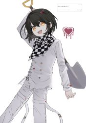 Rule 34 | 1girl, arm up, brown eyes, brown hair, buttons, checkered clothes, checkered scarf, cosplay, cowboy shot, danganronpa (series), danganronpa v3: killing harmony, double-breasted, fang, fangs, hair ornament, heart, heart hair ornament, highres, holding, holding shovel, jacket, lolowv, long sleeves, looking at viewer, oma kokichi, oma kokichi (cosplay), open mouth, pants, scarf, short hair, shovel, simple background, smile, solo, standing, translation request, virtual youtuber, white background, white pants