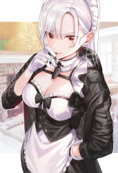 Rule 34 | 1girl, apron, bad id, bad twitter id, black jacket, blush, breasts, cigarette, cleavage, combat maid, commentary request, ear piercing, earrings, gloves, gun, hand on own hip, handgun, highres, holstered, jacket, jewelry, kfr, looking at viewer, maid, maid apron, maid headdress, medium breasts, original, parted bangs, piercing, pistol, red eyes, smoking, weapon, white gloves, white hair