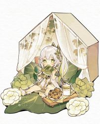 Rule 34 | 1girl, bare shoulders, blush, book, boots, commentary, cookie, covering own mouth, curtains, detached sleeves, dress, english commentary, food, frilled dress, frills, genshin impact, green eyes, green hair, green sleeves, highres, holding, holding book, leaf, long hair, looking at viewer, milk, mintificial, multicolored hair, nahida (genshin impact), plant, plate, pointy ears, side ponytail, sippy cup, sitting, solo, stirrup footwear, streaked hair, succulent plant, vines, white dress, white footwear, white hair