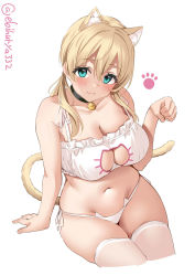 Rule 34 | 1girl, alternate costume, animal ears, aqua eyes, blonde hair, blush, breasts, cat cutout, cat ears, cat lingerie, cat tail, cleavage, cleavage cutout, clothing cutout, cowboy shot, ebifurya, highres, kantai collection, large breasts, long hair, looking at viewer, meme attire, panties, paw pose, prinz eugen (kancolle), side-tie panties, smile, solo, tail, thighhighs, twintails, twitter username, underwear, white background, white thighhighs