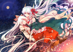Rule 34 | 2girls, bamboo, bamboo forest, bow, breasts, brooch, cloud, dress, ex-keine, closed eyes, forest, fujiwara no mokou, full moon, green dress, hair bow, horn ornament, horn ribbon, horns, jewelry, juliet sleeves, kamishirasawa keine, large breasts, long hair, long sleeves, moon, multiple girls, nature, neckerchief, night, open mouth, pants, puffy sleeves, red eyes, ribbon, shirt, silver hair, sky, smile, suspenders, touhou, very long hair, yetworldview kaze