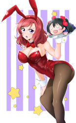 Rule 34 | 1girl, animal ears, bow, bowtie, breasts, brown pantyhose, character doll, cleavage, commentary request, detached collar, fake animal ears, feet out of frame, highres, kirisaki reina, leotard, looking at viewer, love live!, love live! school idol project, medium breasts, medium hair, nishikino maki, open mouth, pantyhose, playboy bunny, purple eyes, rabbit ears, red bow, red bowtie, red hair, red leotard, round teeth, short hair, solo, standing, star (symbol), strapless, strapless leotard, striped, striped background, teeth, two-tone background, upper teeth only, wrist cuffs, yazawa nico