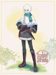 Rule 34 | aqua scarf, blue eyes, boots, brown footwear, brown gloves, capelet, coat, cocomo (pfsoz), copyright name, day, fur trim, gloves, grass, highres, knee boots, knife, matsuki (mikipingpong), outdoors, pixiv fantasia, pixiv fantasia scepter of zeraldia, scarf, sheath, sheathed, short hair, solo, standing, white capelet, white hair