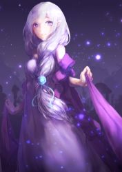 Rule 34 | 10s, 1girl, bare shoulders, braid, commentary request, congming lan, cowboy shot, dress, emilia (re:zero), hair over shoulder, highres, long hair, looking at viewer, night, parted lips, pointy ears, purple dress, purple eyes, purple hair, re:zero kara hajimeru isekai seikatsu, solo