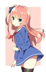 Rule 34 | 1girl, beige background, black ribbon, black thighhighs, blue dress, blue eyes, closed mouth, dress, hair ribbon, hand up, highres, long hair, long sleeves, looking at viewer, neckerchief, one side up, pink hair, pursed lips, red neckerchief, ribbon, sailor dress, side ponytail, skindentation, sky-freedom, solo, thighhighs, thighs, two-tone background, ugolino vivaldi (warship girls r), warship girls r, white background