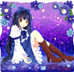 Rule 34 | 1girl, armband, bad id, bad pixiv id, black hair, blue dress, boots, bow, daisy, dress, female focus, flower, flower request, frills, gradient background, hair bow, himemiya sumire, knee boots, legs up, lips, long hair, long sleeves, looking at viewer, parted lips, puffy sleeves, purple background, reflection, ripples, sitting, solo, star sapphire, touhou, very long hair, violet (flower), yellow eyes