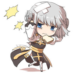 Rule 34 | 1girl, arch bishop (ragnarok online), black footwear, blue eyes, bolt, bread slice, chibi, cleavage cutout, closed mouth, clothing cutout, commentary request, cross, crossed bandaids, dress, fishnet thighhighs, fishnets, food, food in mouth, full body, grey hair, juliet sleeves, long sleeves, looking at viewer, mouth hold, natsuya (kuttuki), puffy sleeves, ragnarok online, sash, shoes, short hair, simple background, solo, tearing up, thighhighs, toast, toast in mouth, two-tone dress, wavy mouth, white background, white dress, white thighhighs, yellow sash