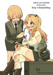 Rule 34 | :d, aged up, ahoge, alternate costume, bandaid, bandaid on face, black jacket, black neckwear, black skirt, blonde hair, blouse, blue eyes, boots, braid, braided bun, breasts, brown footwear, bruise, character name, cleavage, commentary request, copyright name, crossed legs, darjeeling (girls und panzer), dress shirt, emblem, english text, closed eyes, eyewear on head, girls und panzer, hair bun, hair intakes, highres, hone (honehone083), injury, jacket, japanese tankery league (emblem), kay (girls und panzer), large breasts, long hair, long sleeves, name tag, necktie, off shoulder, open clothes, open jacket, open mouth, pencil skirt, selection university military uniform, shirt, short hair, shorts, simple background, sitting, skirt, smile, sunglasses, t-shirt, thighhighs, torn clothes, torn legwear, twin braids, white background, white shirt
