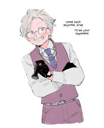 Rule 34 | 1boy, belt, black gloves, blue eyes, cheekbones, chess piece, collared shirt, crossed arms, english text, facial hair, fate/grand order, fate (series), glasses, gloves, grey belt, grey hair, grin, half gloves, highres, holding chess piece, james moriarty (archer) (fate), king (chess), long sleeves, male focus, mustache, necktie, old, old man, oneroom-disco, pants, purple necktie, purple pants, purple vest, shirt, simple background, smile, solo, vest, white background, white shirt