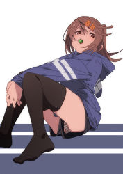 Rule 34 | 1girl, black thighhighs, brown eyes, brown hair, candy, food, fu-ta, highres, hood, hoodie, lollipop, mouth hold, original, panties, ponytail, short shorts, shorts, simple background, sitting, solo, striped clothes, striped panties, thighhighs, underwear, upshorts, usami taiga