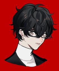 Rule 34 | 1boy, amamiya ren, black-framed eyewear, black hair, black jacket, chinese commentary, closed mouth, commentary request, cropped shoulders, expressionless, glasses, hair between eyes, jacket, lips, looking at viewer, male focus, messy hair, persona, persona 5, red background, shirt, short hair, simple background, solo, turtleneck, turtleneck shirt, unagi (nakaelric), white shirt