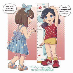 Rule 34 | 2girls, :d, arm up, bare shoulders, black hair, blonde hair, blue bow, blue dress, blue eyes, blue hairband, bow, brown eyes, brown footwear, brown shorts, commentary, commission, dress, english commentary, english text, hair bow, hairband, highres, holding, holding pen, low twintails, mawaru (mawaru), multiple girls, open mouth, original, pen, profile, red footwear, red shirt, ruler, sandals, second-party source, shirt, shoes, short shorts, short sleeves, short twintails, shorts, skeb commission, sleeveless, sleeveless dress, smile, socks, swept bangs, twintails, yellow socks