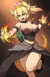 Rule 34 | 1girl, :d, armlet, bare shoulders, black dress, blonde hair, blue eyes, borrowed character, bowsette, bracelet, breasts, brooch, claws, cleavage, collar, commentary, crown, dress, english commentary, eyes visible through hair, fangs, fire, flaming hand, hair between eyes, horns, jewelry, large breasts, long hair, mario (series), maritan (pixelmaritan), monster girl, nintendo, open mouth, ponytail, pyrokinesis, smile, solo, spiked armlet, spiked bracelet, spiked collar, spiked tail, spikes, super crown, tail, teeth, turtle shell, v-shaped eyebrows