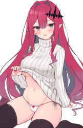 Rule 34 | 1girl, absurdres, black thighhighs, blush, breasts, earrings, baobhan sith (fate), fate/grand order, fate (series), grey eyes, highres, jewelry, large breasts, long hair, long sleeves, looking at viewer, navel, open mouth, panties, pink hair, pointy ears, ribbed sweater, shimejirou (000kk), sidelocks, sitting, smile, solo, sweater, thighhighs, thighs, tiara, turtleneck, turtleneck sweater, underwear, wariza, white panties, white sweater