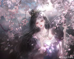 Rule 34 | 1girl, bare shoulders, black hair, blurry, blurry background, branch, cherry blossoms, chi lian (qin shi ming yue), dress, earrings, falling petals, hair bun, hand fan, jewelry, lin chi mie, looking at viewer, necklace, petals, pink dress, qinshi mingyue, sash, second-party source, solo, tiara