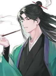 Rule 34 | 1boy, absurdres, black hair, character request, hair ornament, hair stick, highres, kiseru, long hair, male focus, mond sl, return of the mount hua sect, smoke, smoking pipe, upper body, white background