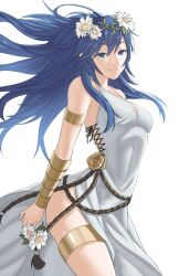 Rule 34 | 1girl, blue eyes, blue hair, breasts, cleavage, commentary, commission, dress, english commentary, fire emblem, fire emblem awakening, fire emblem heroes, flower, hair between eyes, hair flower, hair ornament, head wreath, highres, long hair, lucina (fire emblem), lucina (valentine) (fire emblem), medium breasts, nintendo, official alternate costume, pomelomelon, smile, solo, symbol-shaped pupils, thighs, white background, white flower