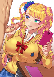 Rule 34 | 1boy, 1girl, blonde hair, blue eyes, blush, breasts, cellphone, censored, chair, closed mouth, clothed female nude male, covered erect nipples, desk, earrings, galko, hair bun, handjob, jewelry, large breasts, long hair, long sleeves, nail polish, nt00, nude, oshiete! galko-chan, penis, phone, pleated skirt, school uniform, side ponytail, single hair bun, sitting, skirt, smartphone