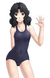 Rule 34 | 1girl, absurdres, amagami, black eyes, black hair, grin, highres, long hair, lou (battle32), one-piece swimsuit, school swimsuit, simple background, smile, solo, swimsuit, tanamachi kaoru, waving, wavy hair, white background