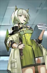 Rule 34 | 1girl, absurdres, aecec, animal ear fluff, animal ears, arknights, cat ears, cat girl, commentary request, cowboy shot, dress, green dress, green eyes, green jacket, hand on own hip, highres, holding, holding paper, indoors, jacket, kal&#039;tsit (arknights), long hair, looking at viewer, material growth, mouth hold, off-shoulder dress, off-shoulder jacket, off shoulder, open clothes, open jacket, oripathy lesion (arknights), painttool sai (medium), paper, pen, see-through, sleeves past elbows, solo, stethoscope