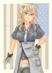 Rule 34 | 1girl, absurdres, american flag background, black thighhighs, blonde hair, blue eyes, blue neckerchief, blue shirt, blue skirt, breasts, collared shirt, colored inner hair, commentary request, cowboy shot, gloves, gradient neckerchief, grey skirt, highres, kantai collection, large breasts, medium breasts, military, military uniform, multicolored hair, neckerchief, overskirt, parted lips, pencil skirt, pot-de, shirt, skirt, solo, thighhighs, tuscaloosa (kancolle), two-tone gloves, uniform, white gloves