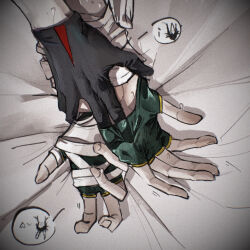 Rule 34 | 2boys, bandaged hand, bandages, bandages over clothes, bed sheet, black gloves, blade (honkai: star rail), chinese commentary, commentary request, dan heng (honkai: star rail), fingerless gloves, fingernails, gloves, green gloves, hand focus, hand under clothes, highres, holding another&#039;s wrist, holding hands, honkai: star rail, honkai (series), kang qiaqia, male focus, multiple boys, spoken character, yaoi