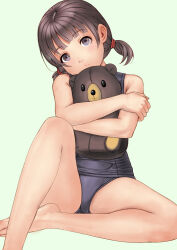 Rule 34 | 1girl, barefoot, black eyes, blue one-piece swimsuit, grey eyes, head tilt, highres, hugging doll, hugging object, katupozi, low twintails, one-piece swimsuit, original, school swimsuit, short hair, simple background, sitting, solo, stuffed animal, stuffed toy, swimsuit, teddy bear, twintails, white background