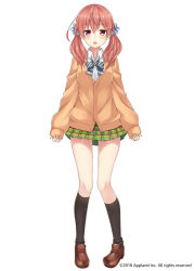Rule 34 | 1girl, black socks, blush, brown cardigan, brown footwear, brown hair, cardigan, collared shirt, commentary request, copyright request, full body, green skirt, hair between eyes, kneehighs, komori kuzuyu, loafers, long hair, long sleeves, looking at viewer, open mouth, plaid, plaid skirt, pleated skirt, purple eyes, shirt, shoes, simple background, skirt, sleeves past wrists, socks, solo, standing, virtual youtuber, white background, white shirt