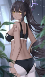 Rule 34 | 1girl, ahoge, ass, back, backlighting, bad id, bad pixiv id, bare arms, bare shoulders, black buruma, black hair, blue archive, blush, breasts, buruma, commentary request, cowboy shot, dark-skinned female, dark skin, earrings, from behind, gaitoou, halo, highres, jewelry, karin (blue archive), large breasts, long hair, looking at viewer, looking back, number tattoo, pantyhose, parted lips, ponytail, shoulder tattoo, sideboob, solo, sports bra, stud earrings, tattoo, very long hair, white pantyhose, yellow eyes