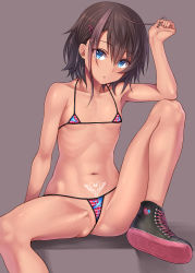 Rule 34 | 1girl, absurdres, bare shoulders, bikini, black footwear, blue bikini, blue eyes, blush, breasts, brown hair, cleft of venus, collarbone, grey background, hair between eyes, hair ornament, hairclip, heart, heart tattoo, highres, knee up, looking at viewer, micro bikini, navel, open mouth, original, orochi itto, plaid, plaid bikini, pubic tattoo, red bikini, shoes, short hair, simple background, sitting, small breasts, solo, stomach tattoo, swimsuit, tattoo, thighs, two-tone bikini