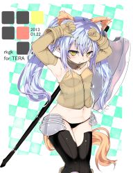 Rule 34 | 1girl, animal ears, armor, armpits, arms up, axe, bare shoulders, battle axe, black panties, black thighhighs, blue hair, detached sleeves, elin, faulds, gloves, long hair, lowleg, navel, panties, shirow (crazy), solo, tail, tera online, thighhighs, twintails, underwear, weapon, yellow eyes