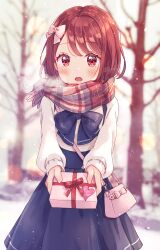 Rule 34 | 1girl, absurdres, bag, black bow, black bowtie, blue skirt, bob cut, bow, bowtie, box, breath, brown eyes, brown hair, brown scarf, carrying, casual, commentary, cowboy shot, day, english text, fringe trim, gift, gift box, hair bow, hanadera nodoka, handbag, healin&#039; good precure, highres, hiiragi syuu, holding, holding gift, lens flare, long sleeves, looking at viewer, open mouth, outdoors, plaid, plaid scarf, precure, scarf, shirt, short hair, skirt, solo, standing, suspender skirt, suspenders, twitter username, valentine, white bow, white shirt, winter