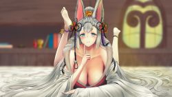 Rule 34 | 1girl, animal ears, anklet, blue eyes, blurry, blurry background, blush, braco, breasts, cleavage, collarbone, depth of field, fox ears, fur trim, granblue fantasy, grey hair, hair ornament, hanging breasts, highres, index finger raised, indoors, jewelry, large breasts, long hair, looking at viewer, lying, on stomach, smile, societte (granblue fantasy), solo, the pose, very long hair