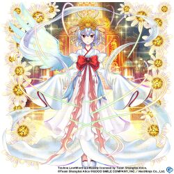 Rule 34 | 1girl, alternate costume, bow, copyright name, copyright notice, flower, full body, game cg, grey hair, hair ornament, japanese clothes, kimono, kishin sagume, kishin sagume (the white wheel of fate), long sleeves, looking at viewer, red bow, red eyes, rotte (1109), short hair, single wing, solo, standing, third-party source, touhou, touhou lostword, white footwear, white hair, white kimono, white wings, wings