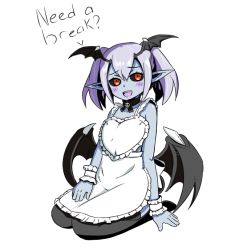 Rule 34 | 1girl, :d, apron, black sclera, black thighhighs, blue skin, blush, colored sclera, colored skin, demon girl, demon wings, devil (monster girl encyclopedia), english text, flat chest, frilled apron, frills, full body, hand on lap, head wings, heart apron, looking at viewer, monster girl encyclopedia, monster girl encyclopedia ii, naked apron, nav (itsnav), neck ribbon, open mouth, petite, pointy ears, purple hair, red eyes, ribbon, seiza, short hair, simple background, sitting, smile, solo, thighhighs, twintails, white apron, white background, wings, wrist cuffs
