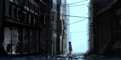 Rule 34 | absurdres, black hair, black shorts, city, cityscape, closed mouth, full body, highres, holding, holding umbrella, jacket, original, outdoors, power lines, ratatatat74, short hair, shorts, solo, standing, umbrella, utility pole, white jacket, wide shot