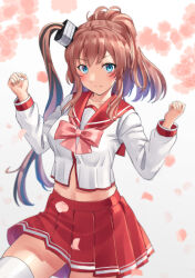 Rule 34 | 1girl, alternate costume, blue eyes, blush, brown hair, closed mouth, collarbone, cosplay, cowboy shot, highres, itou shizuka, kantai collection, kousaka tamaki, kousaka tamaki (cosplay), long hair, long sleeves, mayura (lucadia), petals, pleated skirt, red sailor collar, red skirt, sailor collar, saratoga (kancolle), school uniform, serafuku, side ponytail, skirt, smile, solo, thighhighs, to heart (series), to heart 2, voice actor connection, white thighhighs