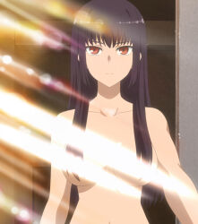 Rule 34 | 1girl, absurdres, black hair, breasts, collarbone, completely nude, convenient censoring, hair censor, hair over breasts, highres, ijiranaide nagatoro-san, large breasts, light censor, light rays, long hair, looking at viewer, nude, red eyes, screencap, sidelocks, solo, standing, stitched, sunomiya sana, third-party edit