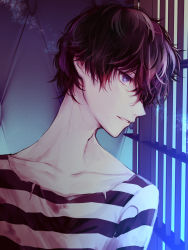 Rule 34 | 1boy, amamiya ren, bad id, bad pixiv id, black hair, blue eyes, hair between eyes, highres, male focus, parted lips, persona, persona 5, prison, prison cell, prison clothes, solo, striped, torn clothes, upper body, yuu (isis7796)