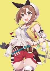 Rule 34 | 1girl, :d, absurdres, atelier (series), atelier ryza, atelier ryza 1, belt, belt buckle, beret, blue belt, blush, breasts, brown belt, brown eyes, brown gloves, brown hair, buckle, cleavage, clothing cutout, detached sleeves, flask, gloves, hair between eyes, hair ornament, hairclip, hat, highres, holding, jewelry, kameno sachi, leather, leather belt, leather gloves, looking at viewer, medium breasts, navel, navel cutout, necklace, open mouth, red shorts, reisalin stout, round-bottom flask, shirt, short hair, shorts, simple background, single glove, smile, solo, star (symbol), star necklace, tareme, teeth, thigh gap, thighhighs, thighs, upper teeth only, vial, white hat, white shirt, white sleeves, white thighhighs, yellow background
