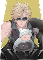 Rule 34 | 1boy, 1other, baby, babywearing, black sleeves, blonde hair, closed eyes, closed mouth, cloud strife, collarbone, commentary, detached sleeves, english commentary, final fantasy, final fantasy vii, final fantasy vii advent children, goggles, high collar, highres, motor vehicle, motorcycle, mugikoma, ribbed shirt, shirt, short hair, single bare shoulder, single detached sleeve, single shoulder pad, sleeveless, sleeveless shirt, spiked hair, twitter username, upper body
