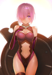 Rule 34 | 1girl, arm behind back, backlighting, bare shoulders, black gloves, black leotard, black thighhighs, blush, breasts, breasts apart, cleavage, cleavage cutout, closed mouth, clothing cutout, cowboy shot, elbow gloves, eyes visible through hair, fate/grand order, fate (series), gloves, gorget, hair over one eye, halterneck, hand on own chest, higa-tsubasa, highres, hip focus, leotard, light purple hair, light smile, looking at viewer, mash kyrielight, medium breasts, multicolored clothes, multicolored gloves, navel, navel cutout, parted bangs, purple eyes, purple gloves, purple hair, raised eyebrows, shield, short hair, simple background, smile, solo, standing, thigh gap, thighhighs, white background, wide hips