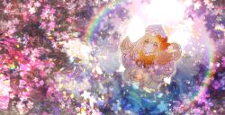 Rule 34 | 1girl, blonde hair, blue eyes, bow, bowtie, cherry blossoms, closed mouth, commentary, dress, english commentary, flower, full body, highres, light, light particles, lily white, long hair, long sleeves, moenoki, outdoors, pink flower, pixiv id, rainbow, red bow, red bowtie, signature, smile, solo, sunlight, touhou, white dress, white headwear