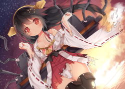 Rule 34 | 10s, 1girl, bare shoulders, black hair, blush, breasts, cowboy shot, detached sleeves, hairband, haruna (kancolle), japanese clothes, kantai collection, long hair, looking at viewer, medium breasts, nontraditional miko, personification, red eyes, ribbon-trimmed sleeves, ribbon trim, saru, solo, thighhighs, torn clothes, turret, zettai ryouiki