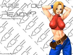 Rule 34 | 1girl, armpits, arms up, belt, belt skirt, blonde hair, blouse, blue eyes, blue mary, breasts, breasts apart, covered collarbone, covered erect nipples, cowboy shot, email address, english text, fatal fury, halterneck, huge breasts, impossible clothes, impossible shirt, large breasts, legs apart, midriff, muscular, no bra, no panties, open fly, red shirt, shirt, short hair, skin tight, smile, snk, solo, standing, the king of fighters, unzipped, wallpaper, watermark, web address, white background