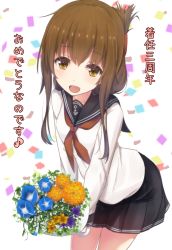 Rule 34 | 10s, 1girl, :d, anchor symbol, black skirt, bouquet, brown eyes, brown hair, confetti, cowboy shot, cuon (kuon), eyebrows, flower, folded ponytail, holding, holding bouquet, inazuma (kancolle), kantai collection, leaning forward, long sleeves, looking at viewer, miniskirt, musical note, nanodesu (phrase), neckerchief, open mouth, pleated skirt, quaver, sailor collar, school uniform, serafuku, skirt, smile, solo, translation request, v arms