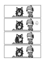 Rule 34 | 10s, 2girls, 4koma, animal ears, bird tail, comic, desk, elbow gloves, eye contact, fur collar, gloves, grey wolf (kemono friends), greyscale, hair wings, head wings, heterochromia, highres, ink, jacket, kemono friends, kotobuki (tiny life), long hair, looking at another, monochrome, multicolored hair, multiple girls, necktie, pantyhose, quill, shoebill (kemono friends), short sleeves, shorts, side ponytail, simple background, sitting, standing, tail, white background, wings, wolf ears