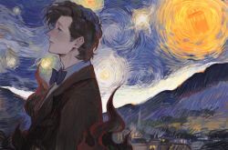Rule 34 | 1boy, brown hair, brown suit, doctor who, eleventh doctor (doctor who), formal, highres, looking to the side, luminousslime, solo, starry night (van gogh), suit